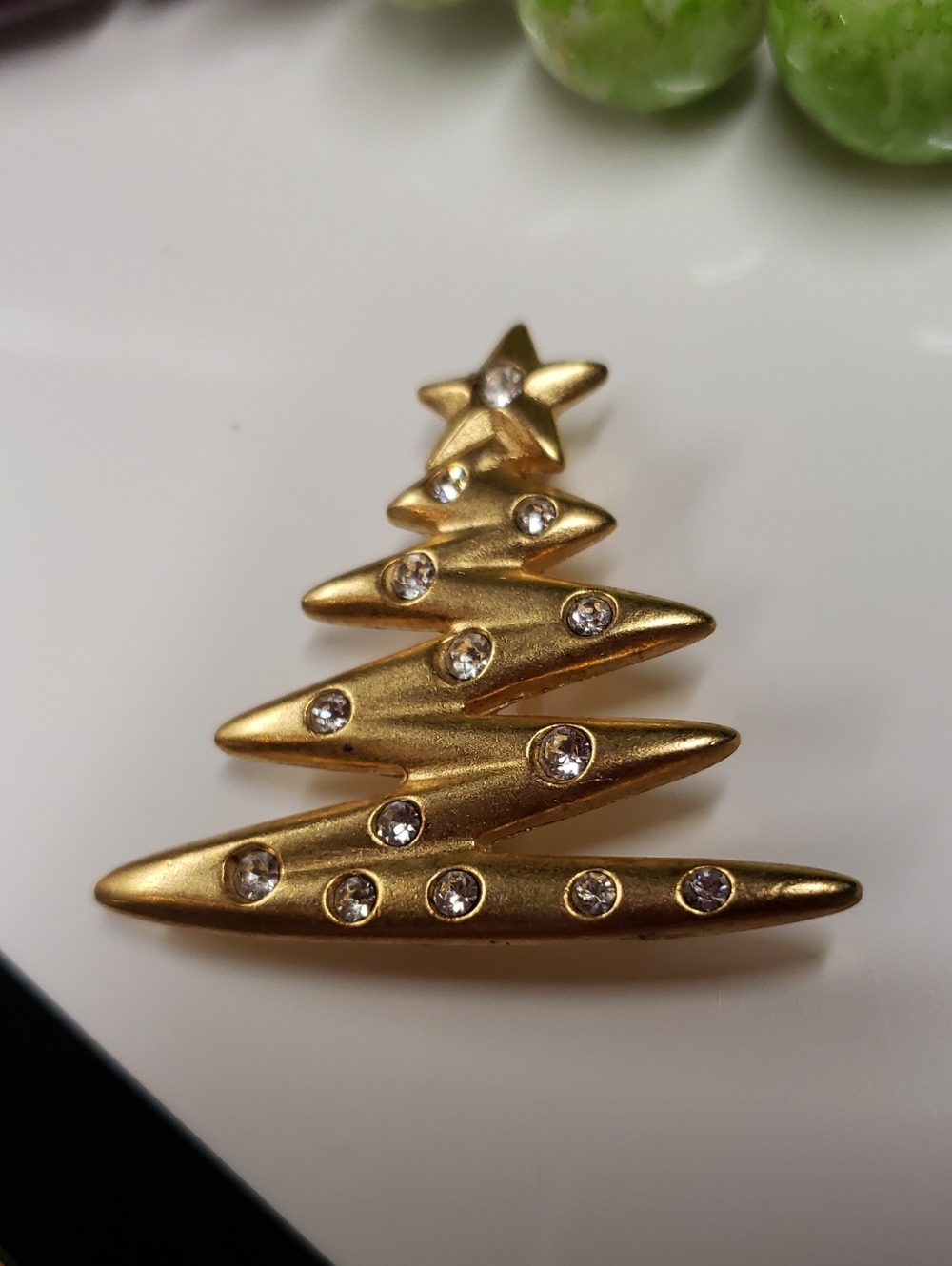 Gold-tone Christmas Tree Pin with Clear Rhinestones